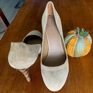 Tory Burch Beige Suede Pumps, Snakeskin Heel, 8M